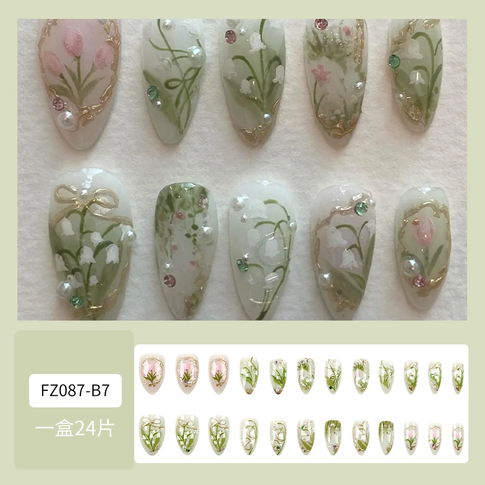 24 pçs reutilizáveis unhas adesivas imprensa em 3d moda imprensa em unhas conjunto primavera verão unhas falsas com design auto-prego atacado