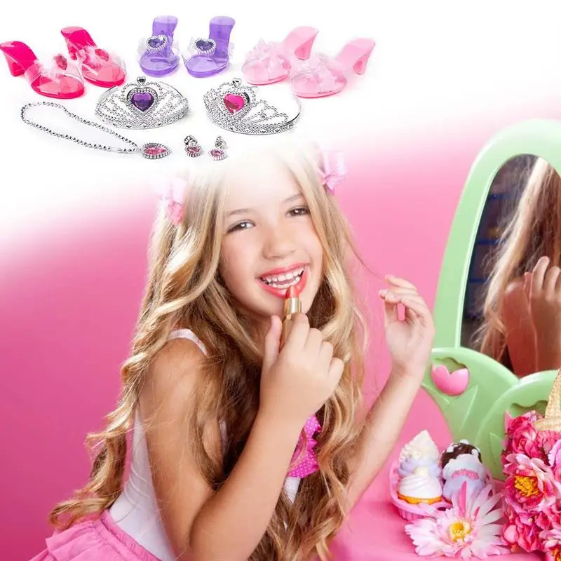 Princess Dress Up Shoes Jewelry Necklace Earrings Crown Pretend Game Toy Fashion Accessories Sets Girls Gift Toy For Toddler