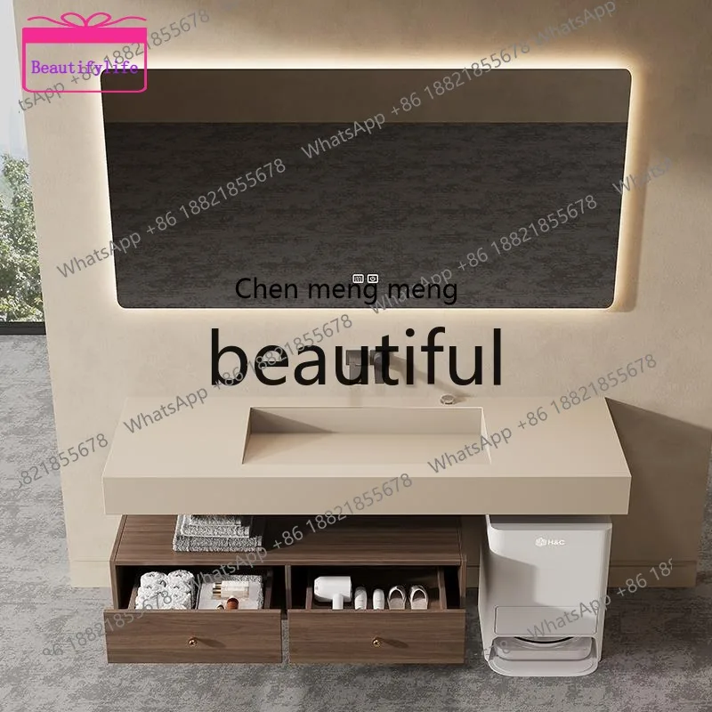 YL Cream wind rock slab bathroom cabinet integrated seamless basin with base station hand wash face customization