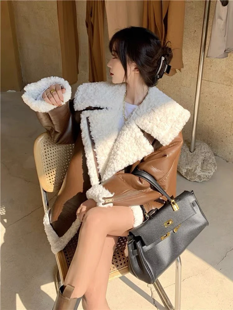 Black PU Leather One Piece Motorcycle Wear Lamb Wool Coat Women's Autumn Winter New Korean Loose Plush Coat