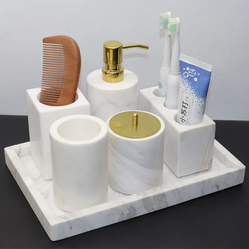 1pc Nordic Marble Material Bathroom Accessories Supplies Soap Dispenser Mouth Cup Toothbrush Holder Soap Dish Cotton Swab Box