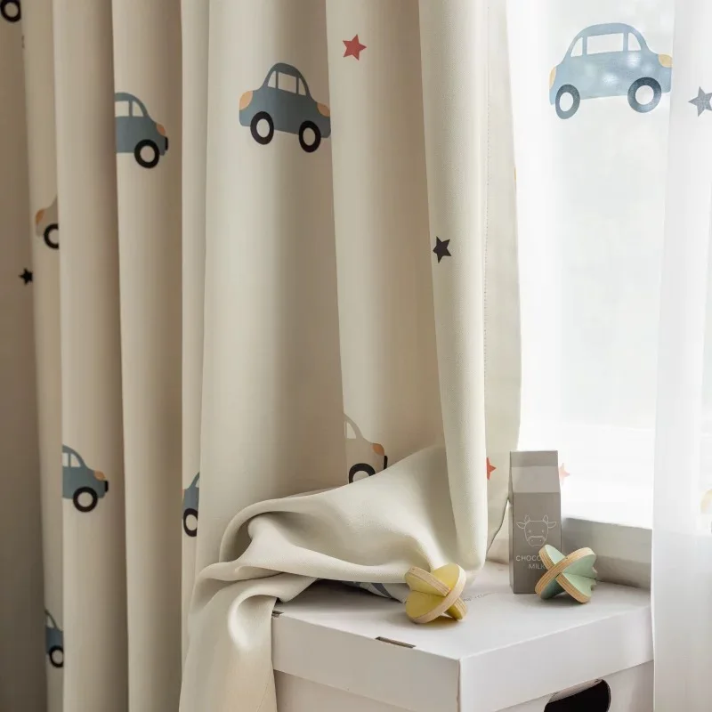 1PC Cute Cartoon Car Children\'s Blackout Curtains, Beige Shading Curtains For Kids Bedroom Window Decoration,  Tulle Curtains