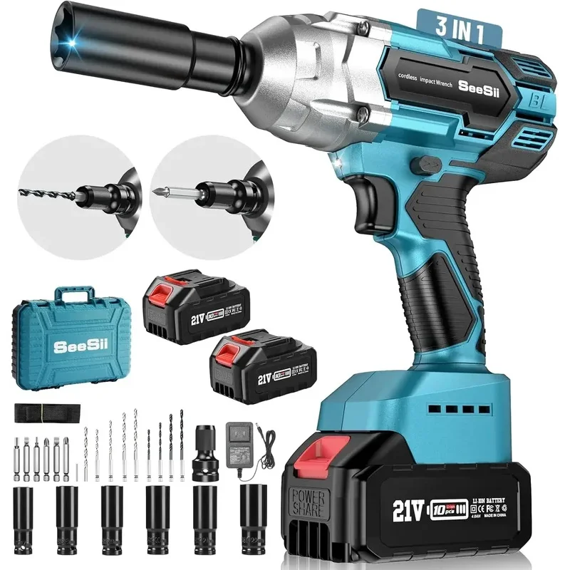 Wireless Impact Wrench, 1/2 inch brushless impact wrench max torque 479 ft-lbs (650nm), 3300rpm with 2x4.0 battery, 6 sockets, 9