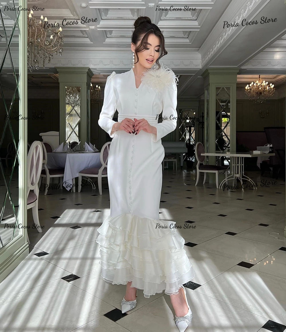 Customized Long Sleeve 3D Appliques V Neck Formal Party Dress Sexy Prom Gown Straight Ankle-Length Evening Dresses فساتين الحفلا