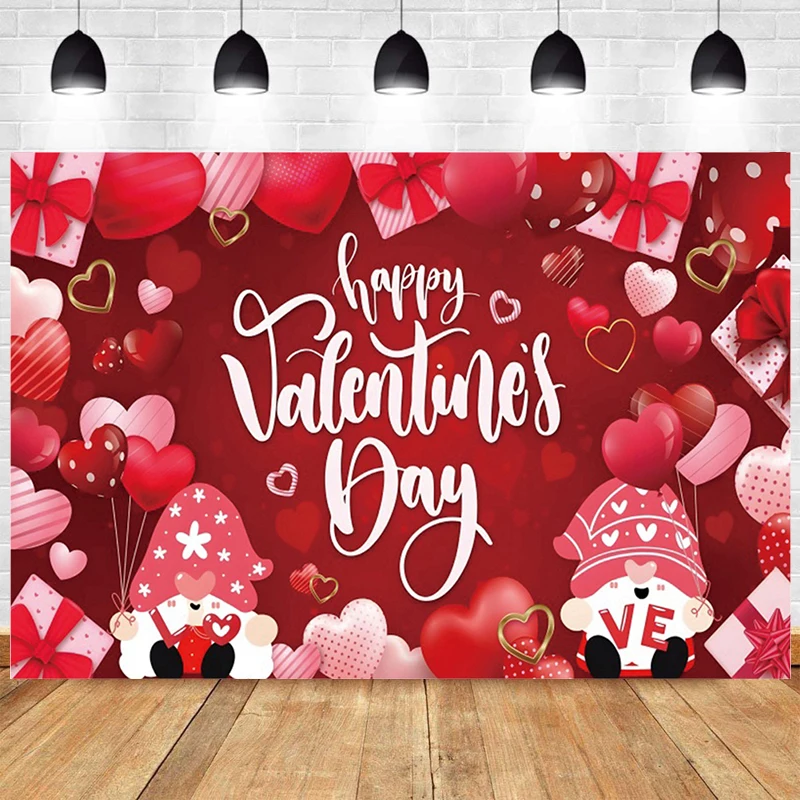 

Valentines Day Decoration Gnomes Photography Backdrop Fabric Baby Dwarfs Heart Balloon Wall Party Banner Photo Studio Background