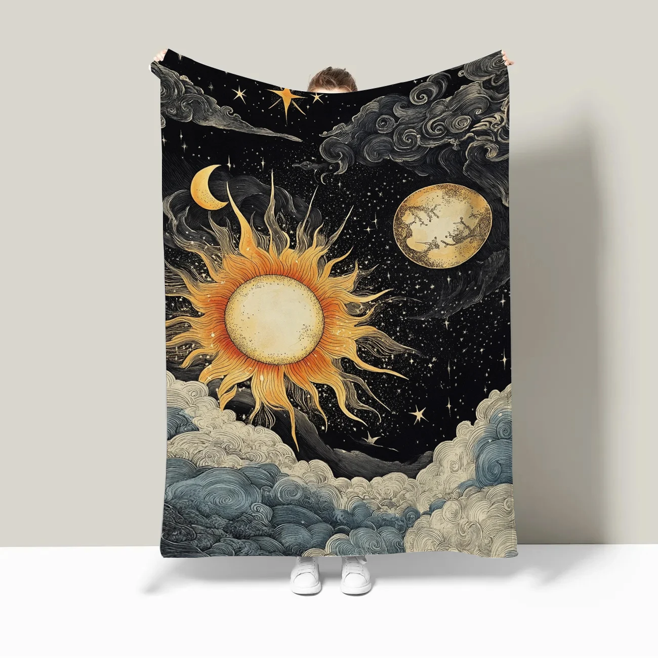 

Sun, Moon & Stars Cloudy Sky Printed Sofa Blanket for a Cozy, Dreamy Home Ambiance