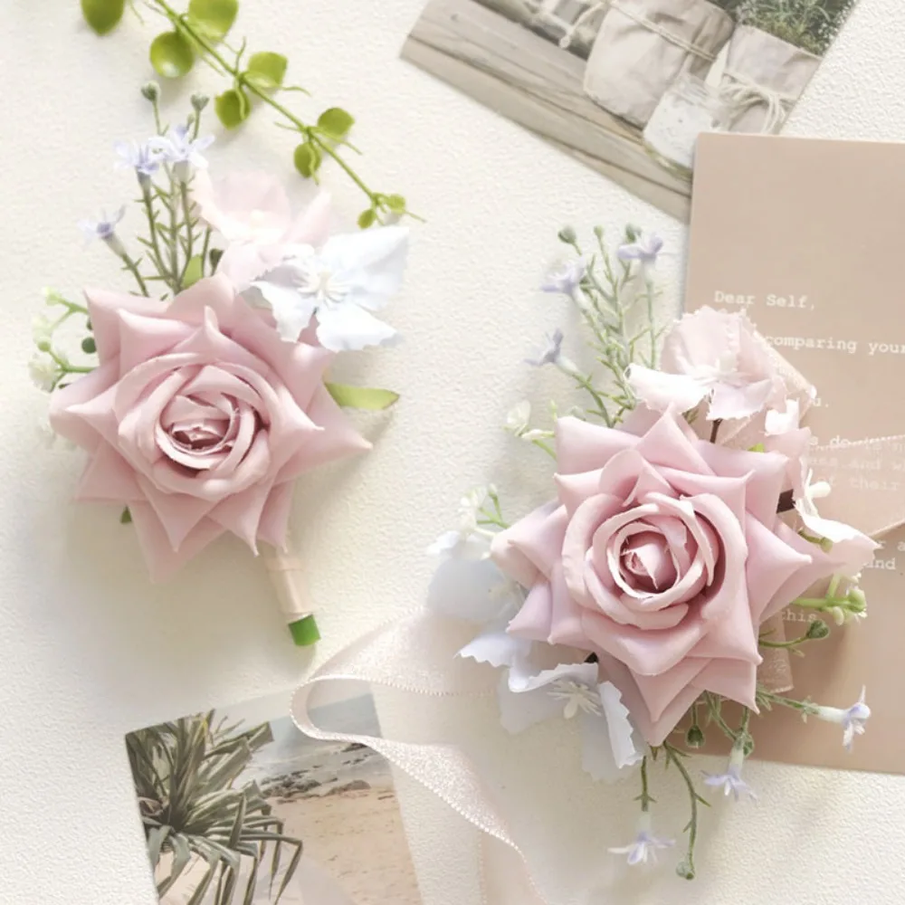 

Pink Silk Rose Boutonniere Groomsman Brooch Buttonhole Men Pearl Wrist Corsage Wedding Party Decoration Supplies