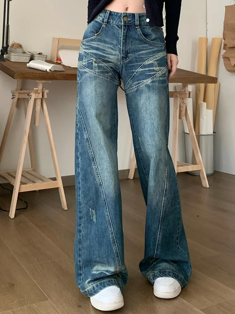 

Blue French Vintage Wide Leg Jeans Women Streetwear Retro Hight Waist Denim Pants Female Korean Style Straight Baggy Jeans 2023