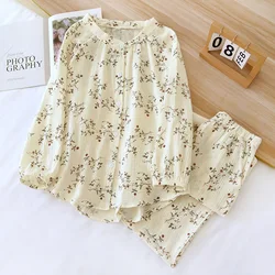 Conjunto de pijama de flores fragmentadas para mujer, ropa de dormir 2024 de algodón con crepé, manga larga, 2 piezas, para el hogar, primavera y otoño, novedad de 100%