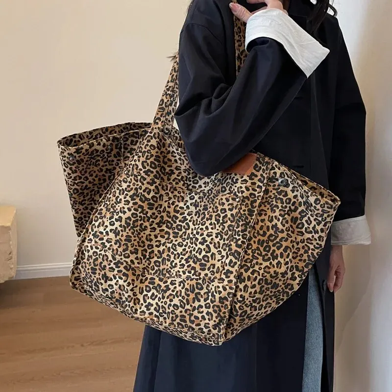 Bolso de mano con patrón de leopardo, bolsa de hombro de lona Vintage, bolso de mano de gran capacidad para compras, trabajo escolar