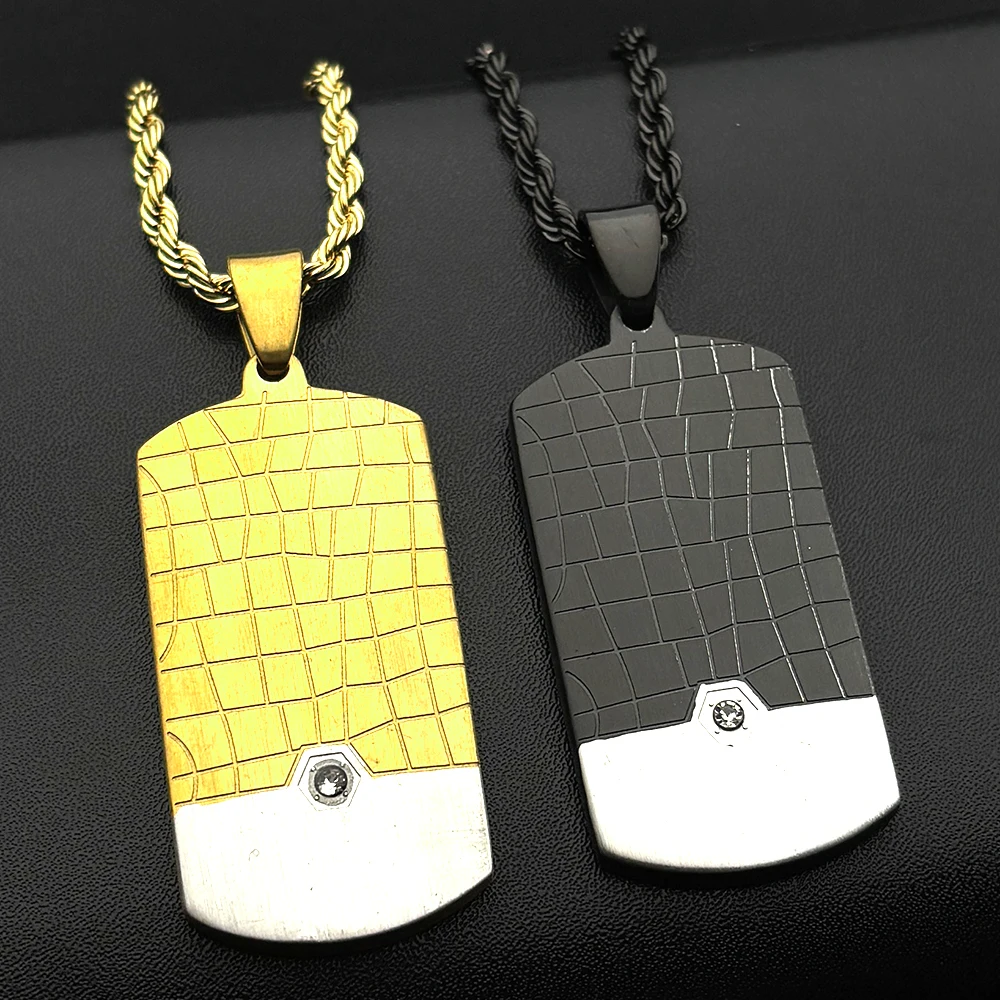 Vintage Edelstahl Strukturierte Hundemarke Rechteckiger Anhänger Halskette für Männer Goldfarben Strass Hip-Hop-Kette Schmuck Geschenk