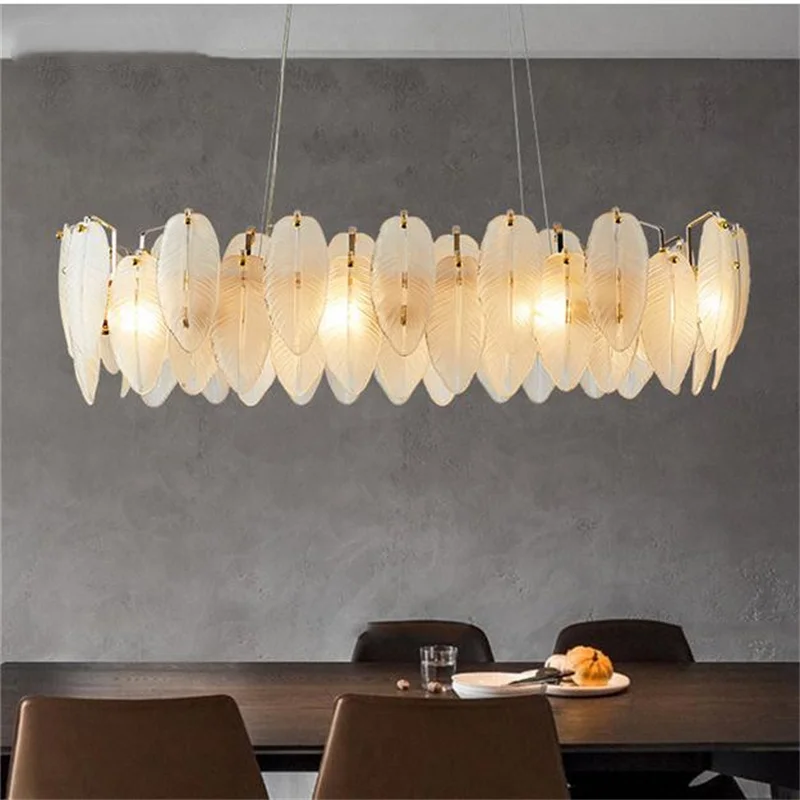 Feather Glass Linear Chandelier Lighting LED Gold Modern Island Hanging Lamp Home Decor Ceiling Lustre Light for Dining Room