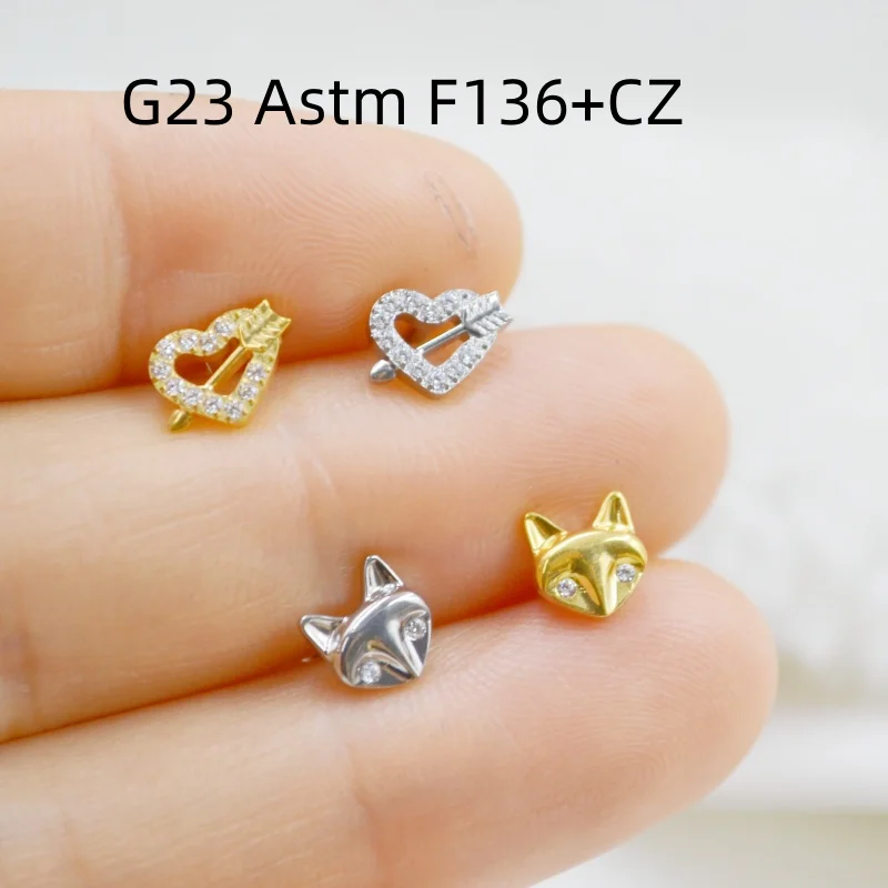 10pcs Body Jewelry 16G G23 Titanium Heart Fox Shape CZ Lip Labret Bar Ear Helix Tragus Rook Barbells Stud Piercing Jewelry Shine