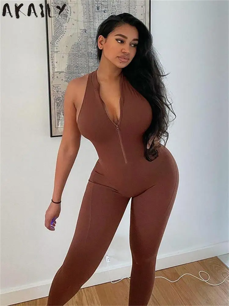 

Akaily Spring Brown Sleeveless Bodycon Jumpsuits For Women 2023 Sexy Backless Black Activewear Ladies Casual Zipper Tracksuit