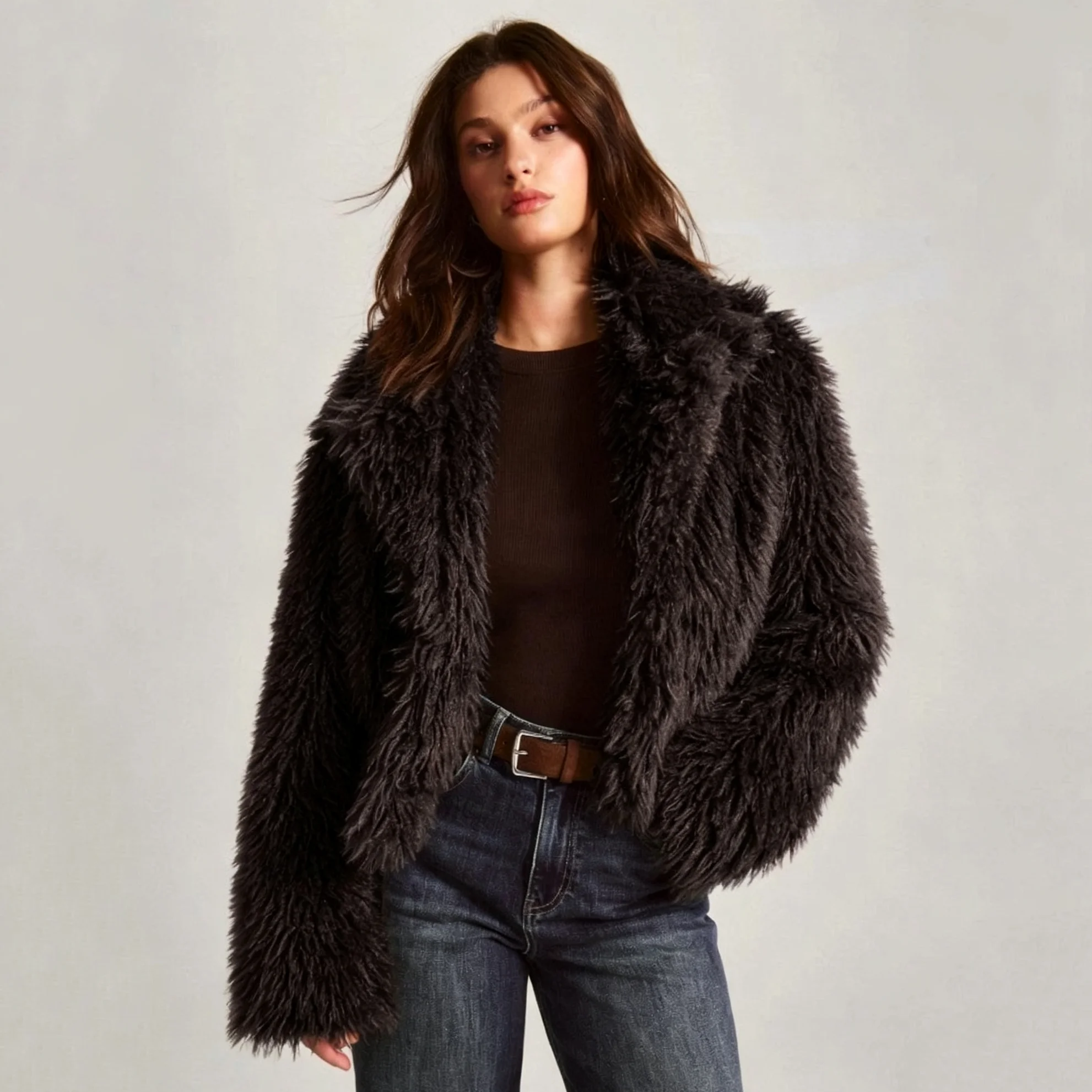 IG Women Faux Fur Cropped Coat Wide Lapel Long Sleeve Fluffy Warm Outerwear Autumn Winter Fashion Overcoat