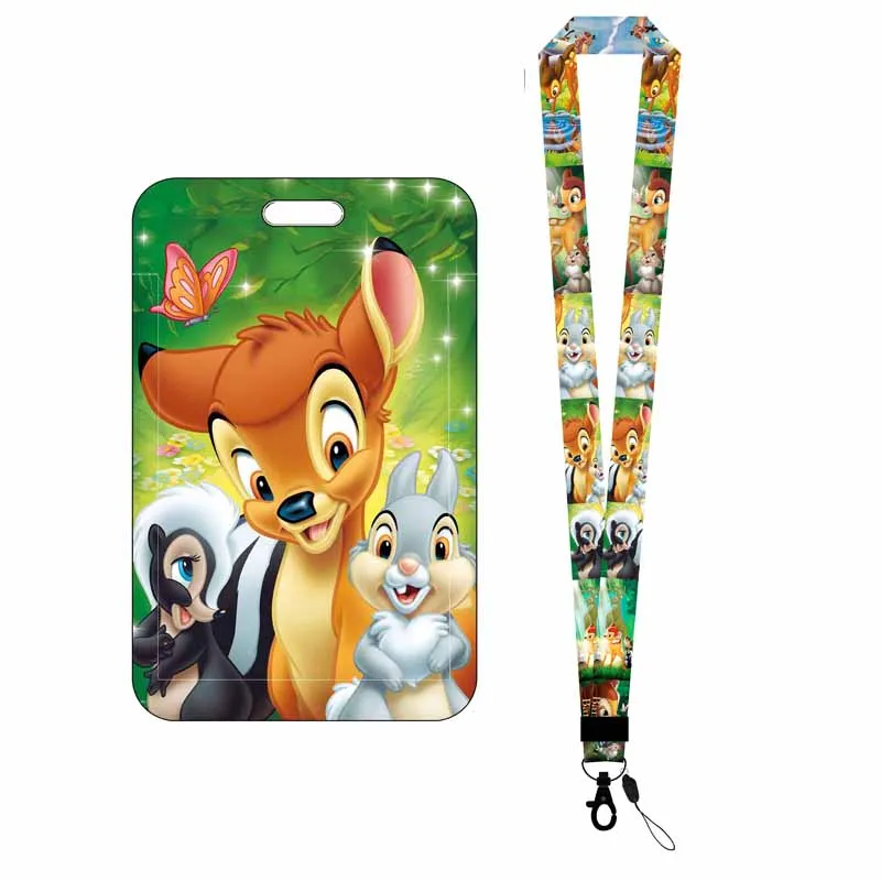 Disney Bambi Girls Boys Badge Holder Slide Cover Student Card Case Hanging Rope Employee Case Lanyard ID Name Card Holder