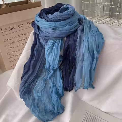 Scarf Cotton Hemp Gradient Blue Autumn Winter Retro Versatile Printed Women's Long Fold Shawl Soft New Fashionable Trend