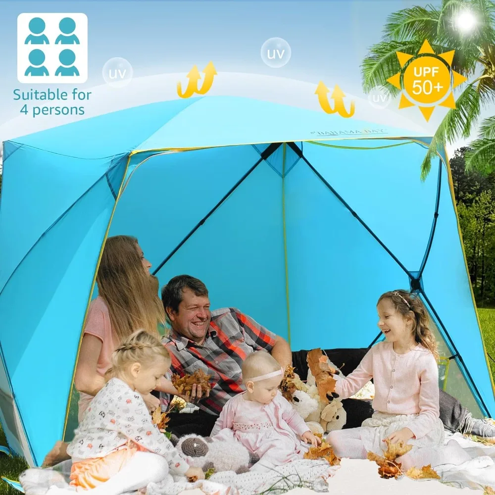 Tenda da spiaggia Pop-Up, tenda parasole portatile UPF50 + protezione UV per 4 persone pavimento estensibile per pesca escursionismo campeggio, Wat