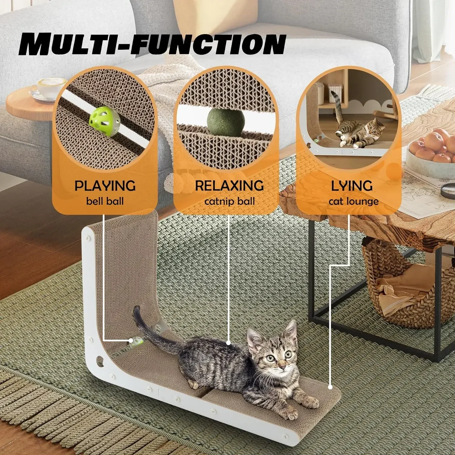 Cardboard Cat Scratcher Vertical Cat Scratching Board L-Shape Indoor Cat Scratch Pads with Built-in Catnip Toy Balls Wall-Mount