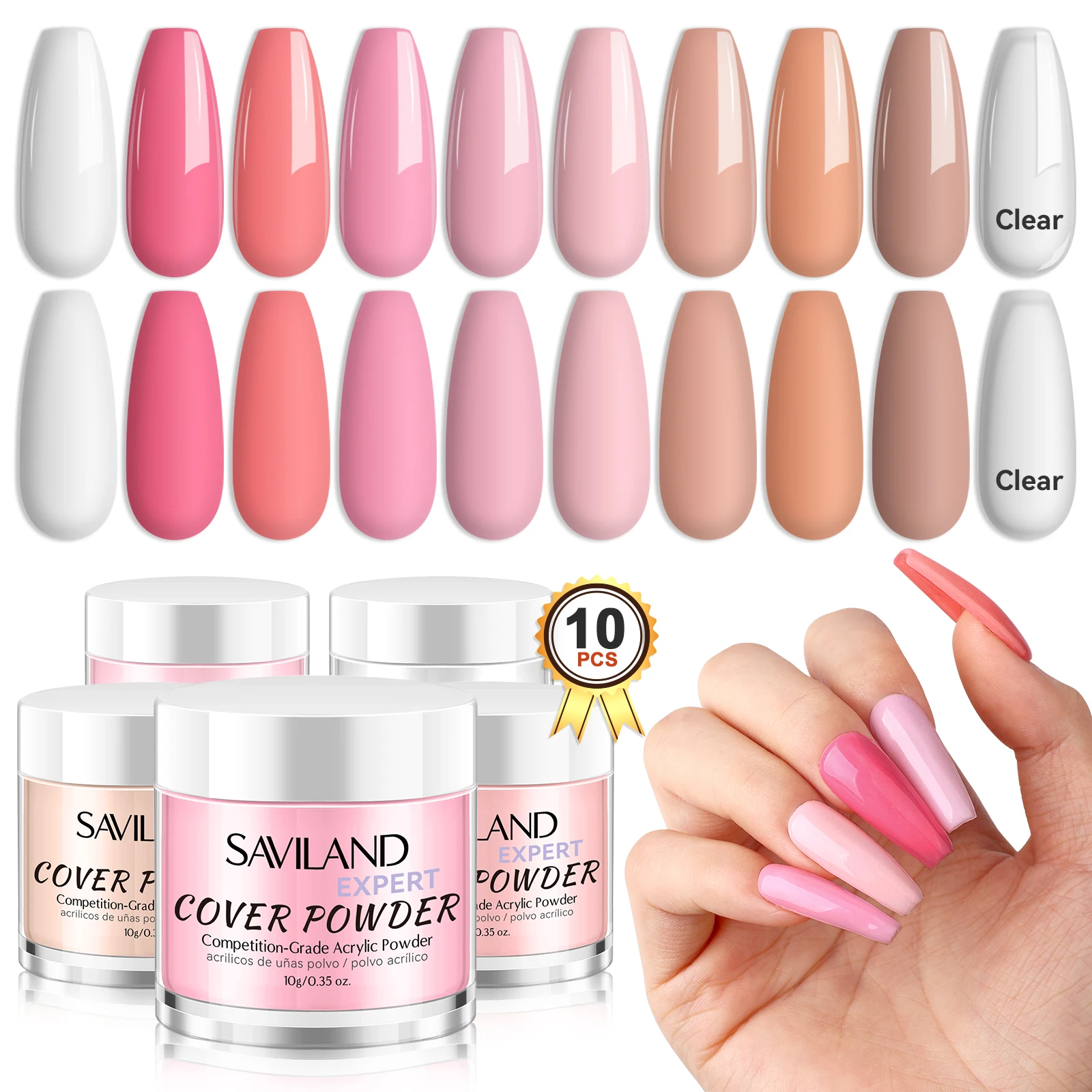 مجموعة مسحوق أكريليك احترافية من سافيلاند 10 جرام × 10 كير نودز وردي فائق النعومة تركيبة كيراتين سريعة الجفاف لفن الأظافر في الصالونات