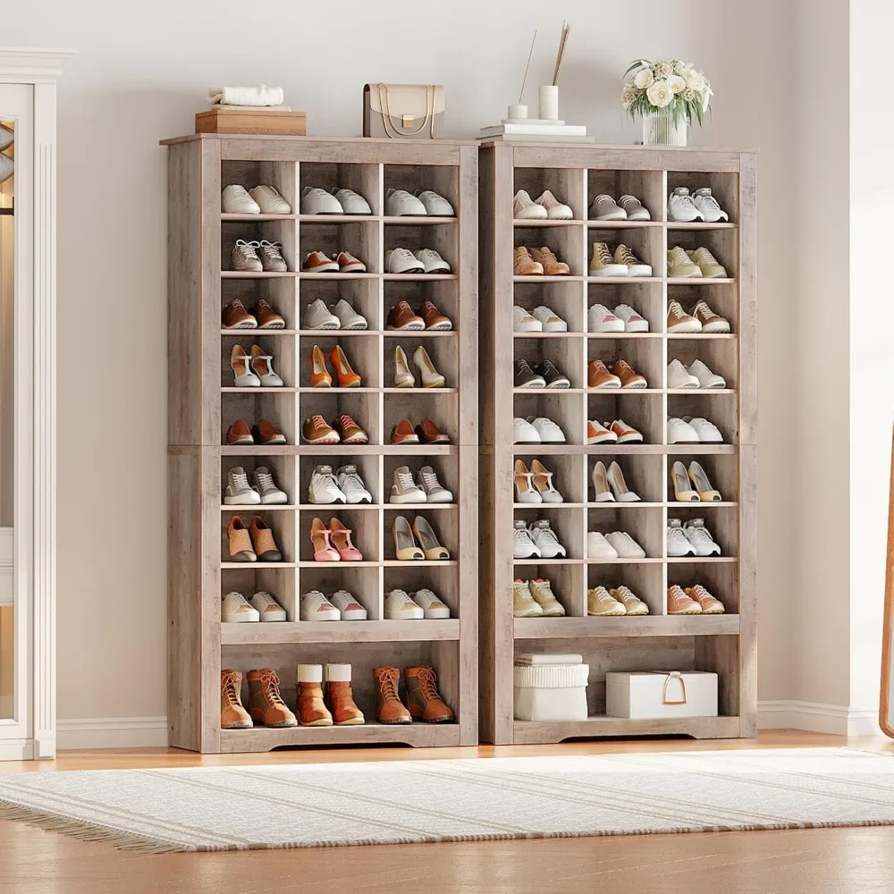 Tall Shoe Cabinet Set of 2, 9 Tier Shoe Storage Cabinet, Freestanding Wooden Shoe Organizer with 24 Cubbies and 3 Hooks, for En #3