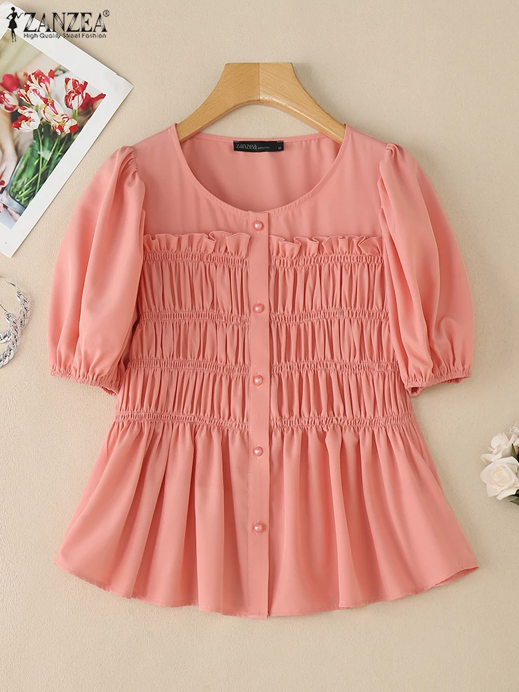 ZANZEA Women Shirts Pleated Summer Tops Vintage Short Sleeve Chiffon Blusas Solid Color Tunics 2025 Casual O Neck Pullover S-3XL