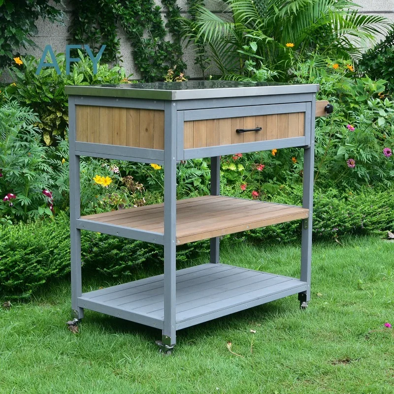 Solid Wood Outdoor Dining Cart for Home Garden Use with Wheels Movable Storage Console Meal Prep Station Serving Cabinet