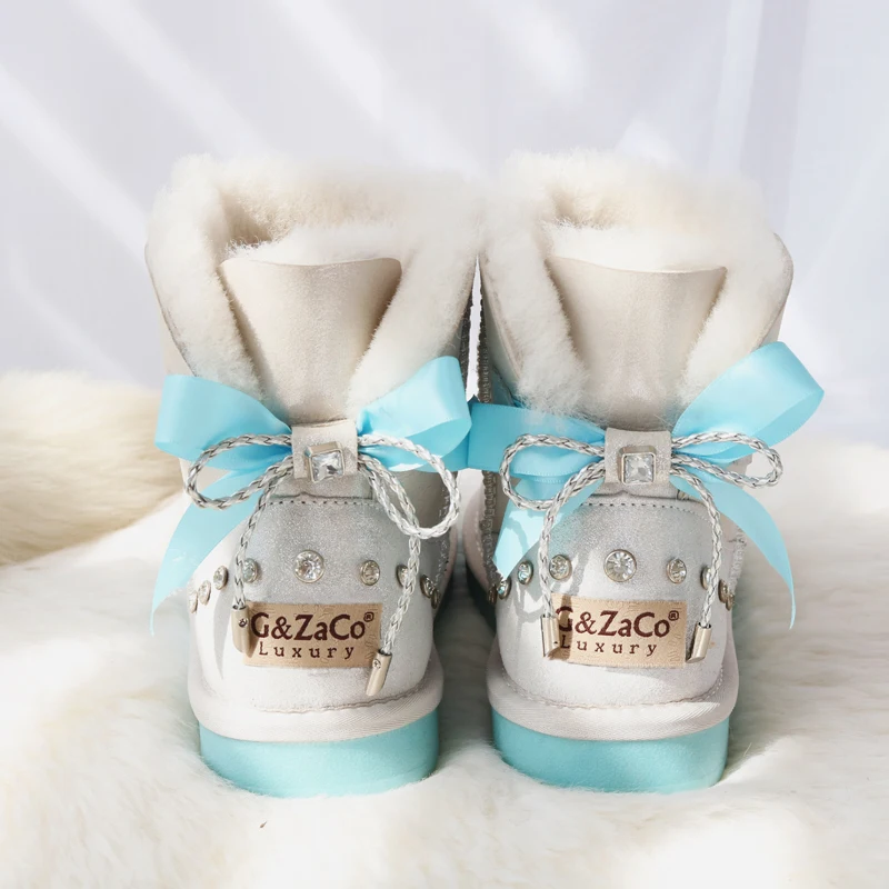 G&Zaco Luxury Girl Sheepskin Boots Sweet Crystal Bow Snow Boots Short Flat Winter Natural Wool Genuine Leather Women Ankle Boots