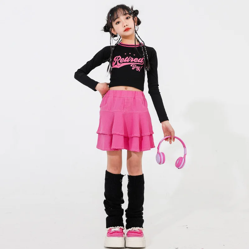 

Kids Hip Hop Dance Clothes Long Sleeves Black Tops Pink Skirt Baggy Pants Performance Suit for Girls Fashion Modern Jazz Outfits