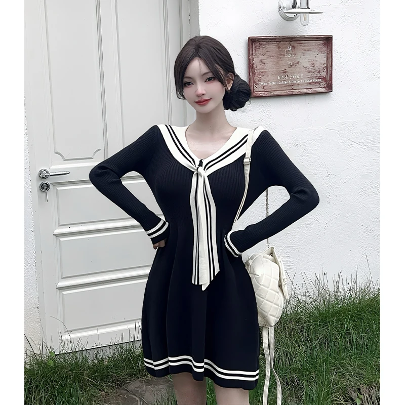 Kawaii Nero Lavorato A Maglia Mini Vestito Delle Donne Giapponese Lolita Collare Alla Marinara Abiti Invernale Y2K A Righe Manica Lunga Aderente Abiti Nuovo