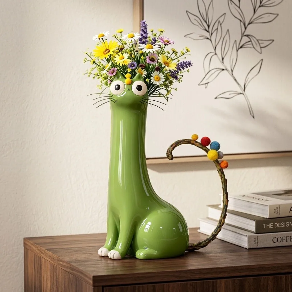 Cute Cat‑Shaped Ceramic Vase, Cartoon Animal Statue Flower Vase, Home Living Room Tabletop Decor Ornament Gift