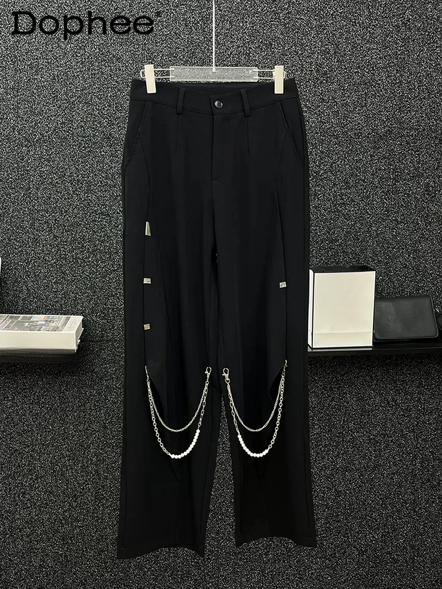 

2024 Metal Chain Decorative Casual Wide-Leg Pants Men's High-End Splicing Loose-Fitting Fashion Straight-Leg Trousers Suit Pants