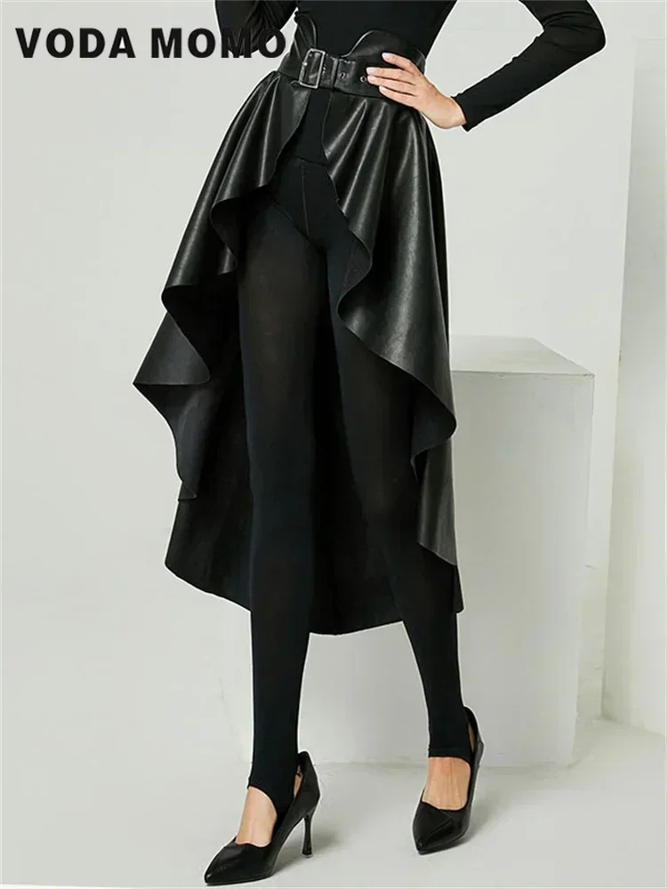 Spódnica damska z wysokim stanem, imitacja skóry PU, asymetryczna, pluszowa, z motywem jaskółczego ogona, modna, uniwersalna, jesień 2023, designerska, z wyrafinowanym wykończeniem.