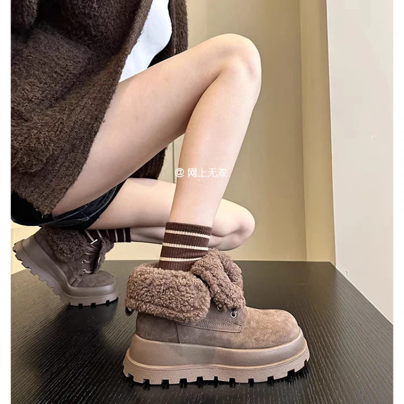 Thick Soled Round Head Lace-up Waterproof Platform with Velvet Warm Fashion All Comfortable Non-slip Breathable Boots for Women