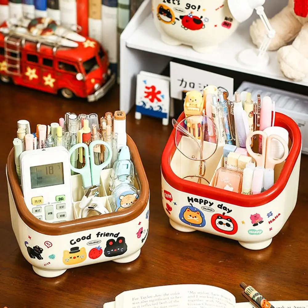 

Cartoon Desktop Pen Holder Large Capacity with Random Stickers Pencil Organizer Multi Grid Multi-functional