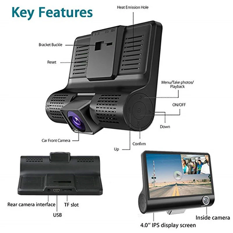 3 Cameras Lens 4.0In Car DVR Dash Cam HD Dash Camera Dual Lens Video Recorder 1080P Black Box Cycle Dashcam Mirror