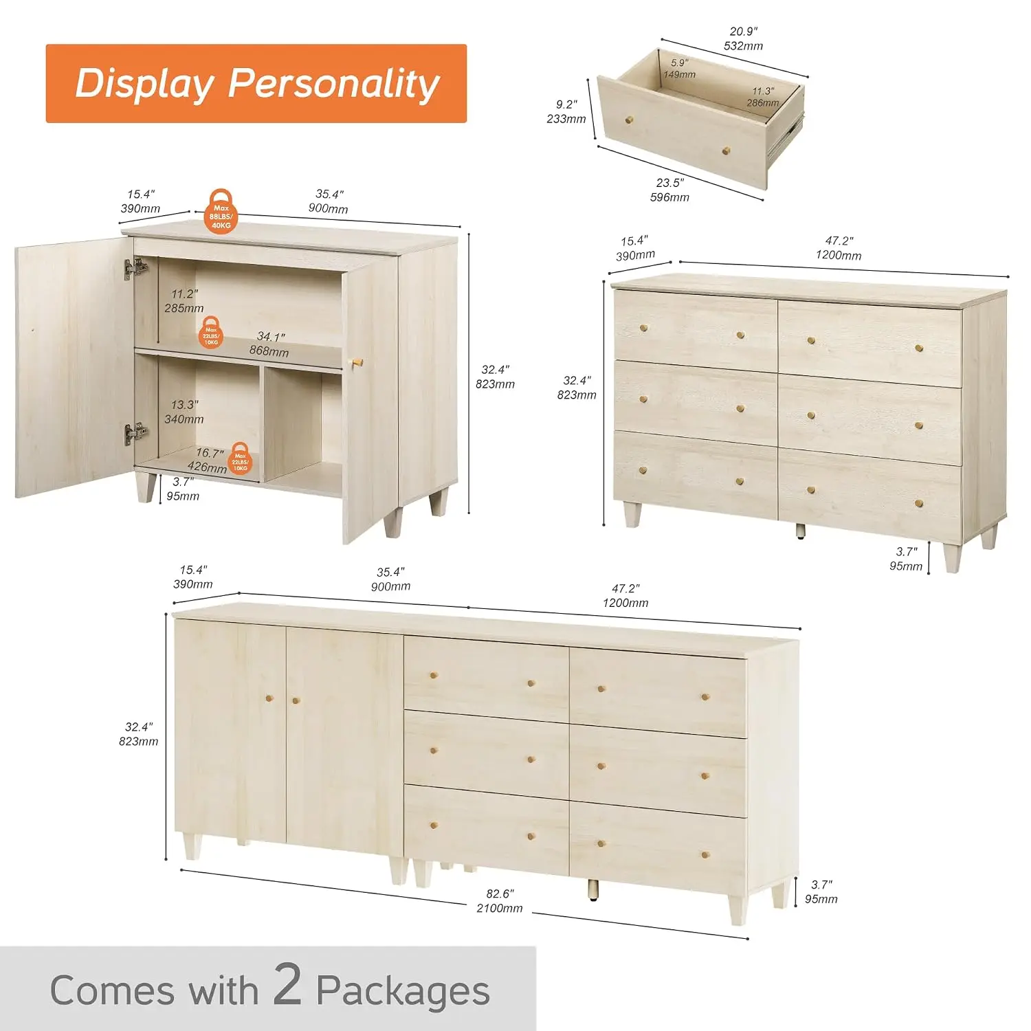Wood TV Stand for 85+ Inch TV, 2-in-1 Media Console with 2 Doors & 6 Drawers, Highboy Entertainment Center with Storage for Livi