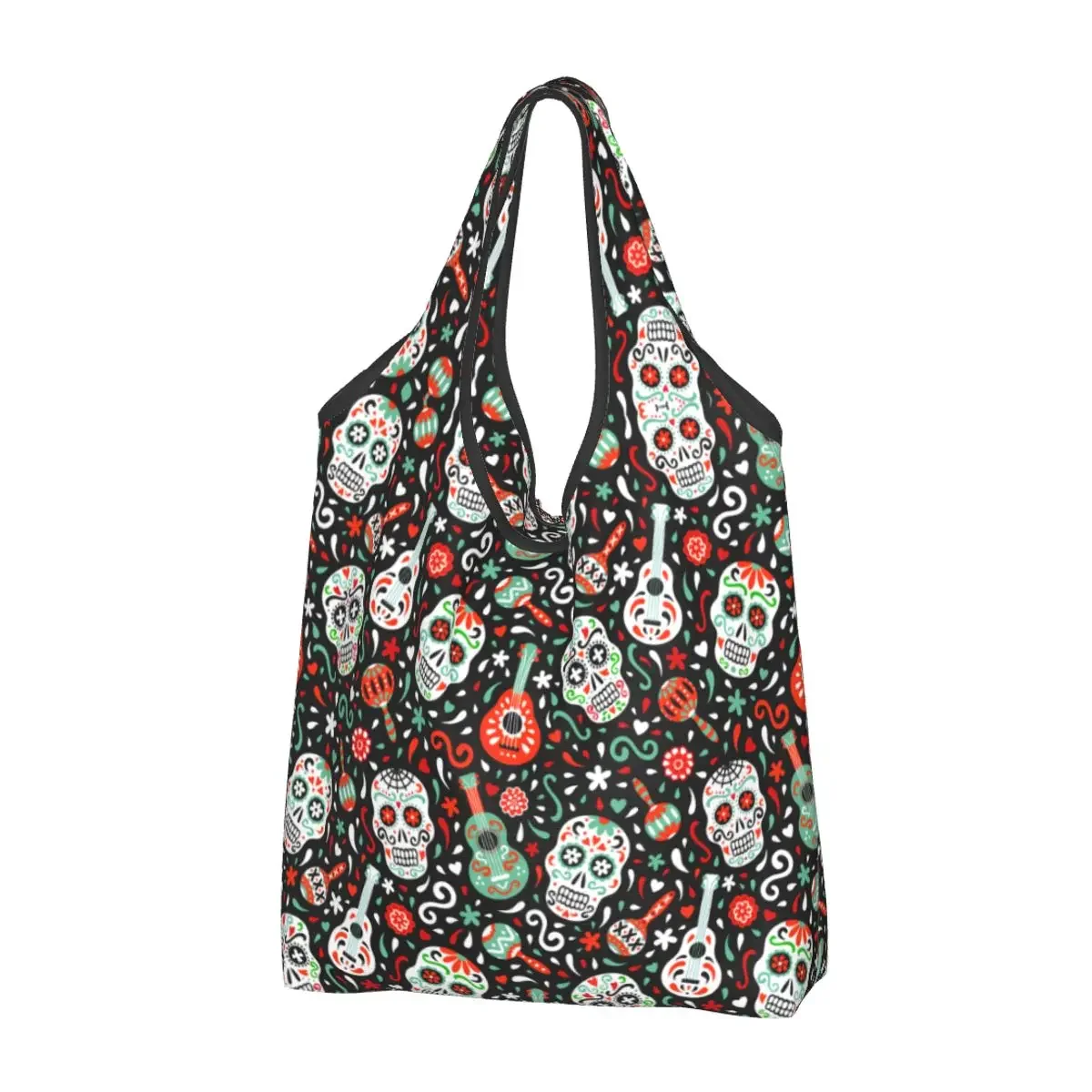 Cute Day Of The Dead Sugar Skull Shopping Tote Bags Portable Mexican Skeleton Gothic Grocery Shoulder Shopper Bag