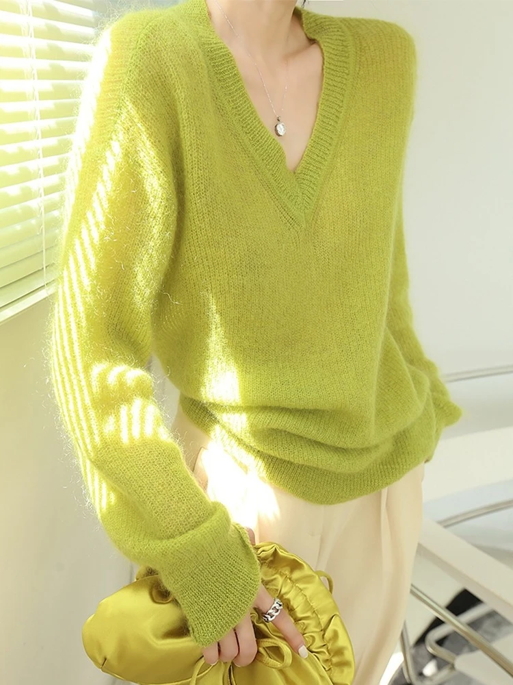 

Женский флуоресцентный свитер Camere Lazy Sle V-Ne, весенне-осенний женский модный повседневный вязаный шерстяной топ