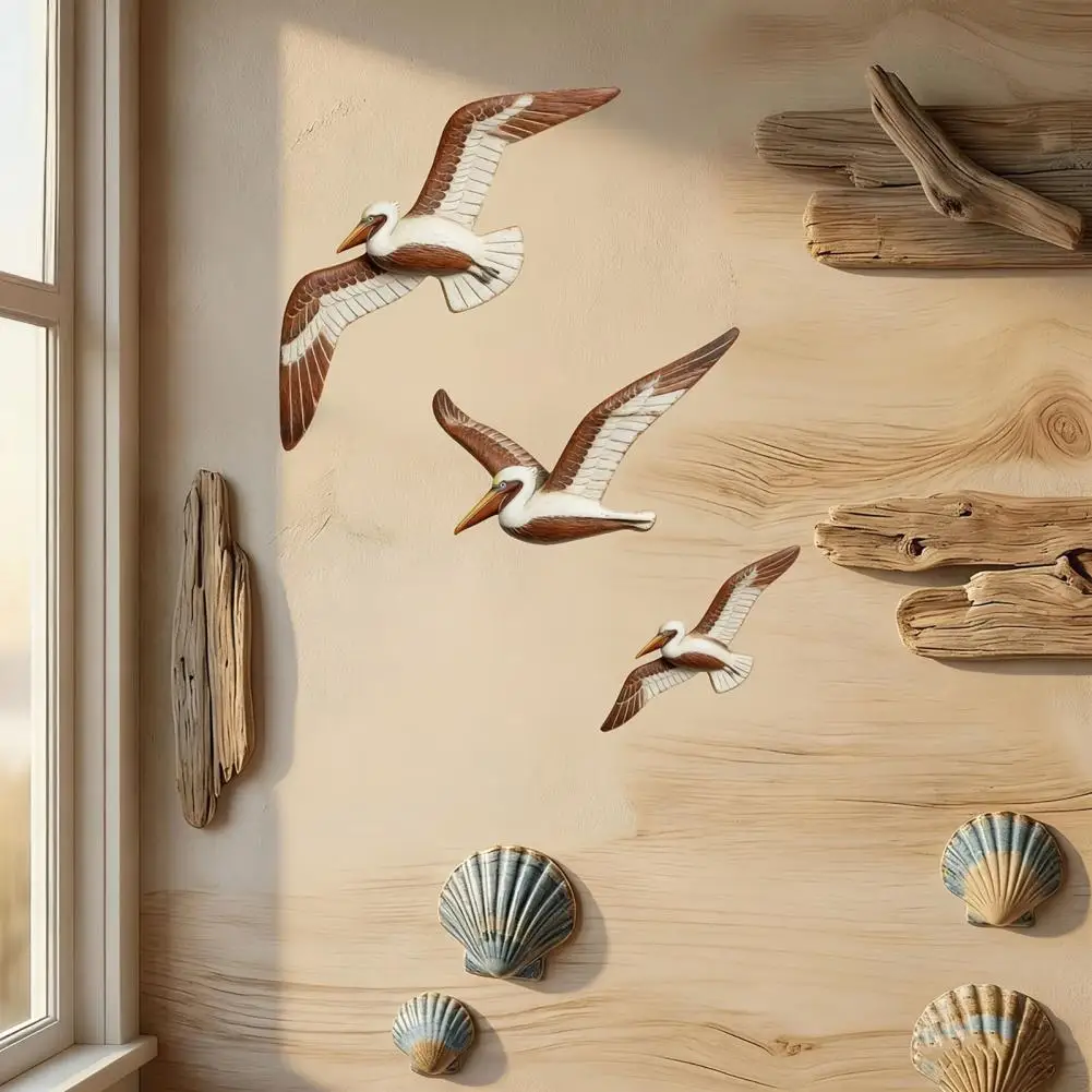 Handmade Wood Art 3 Pcs Wooden Pelican Wall Art Set Coastal Nautical Beach Decor Rustic Flying Bird Sculptures for Room Bedroom