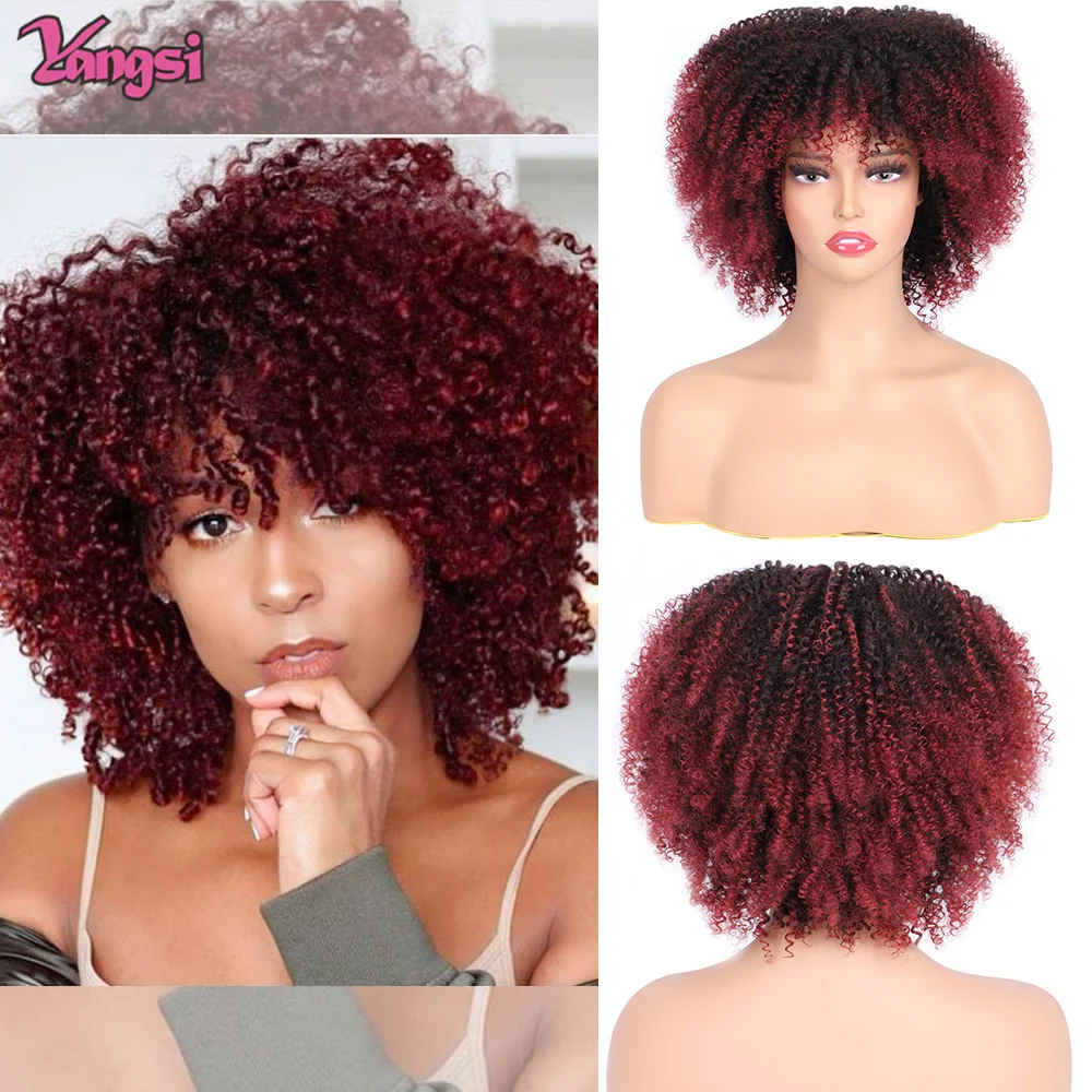 Krótkie Kręcone Peruki Syntetyczne Dla Czarnych Kobiet Afro Peruka Z Grzywką Blond Ombre Bug Blond Afro Peruka Afro Kinky Curly Peruka Codzienna Impreza