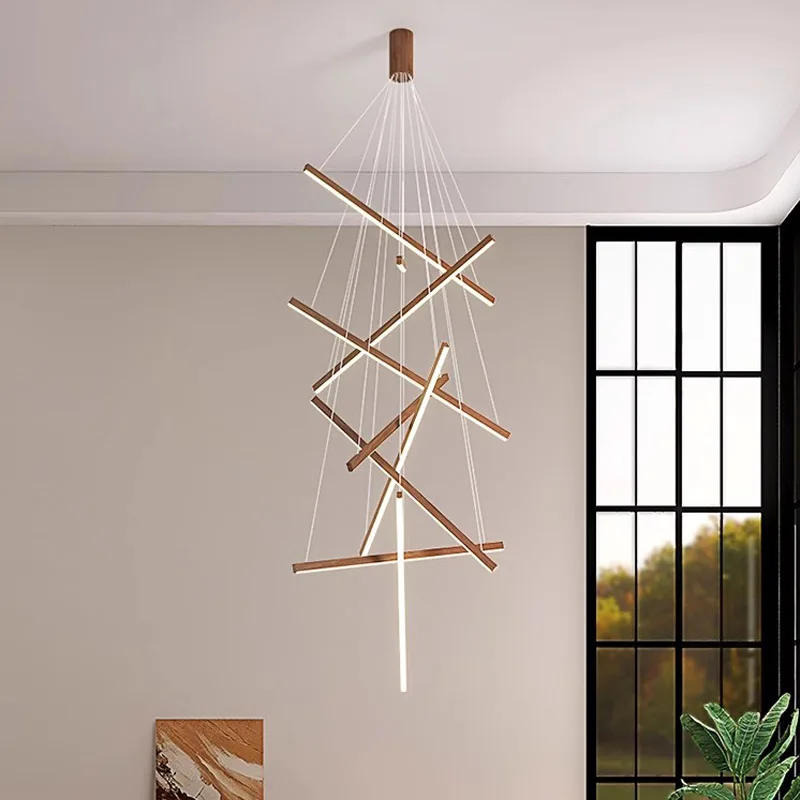 Modern  Wood Grain Pendant lamp  LED Line Light Chandelier duplex building room decor highrise Living room long line Light