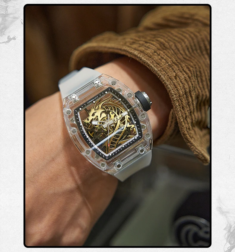 CRONUSART Men Automatic Watch 50mm Luxury Tonneau Mechanical Wristwatch Sapphire Case Luminous Liquid Silicone Strap Dragon Dial