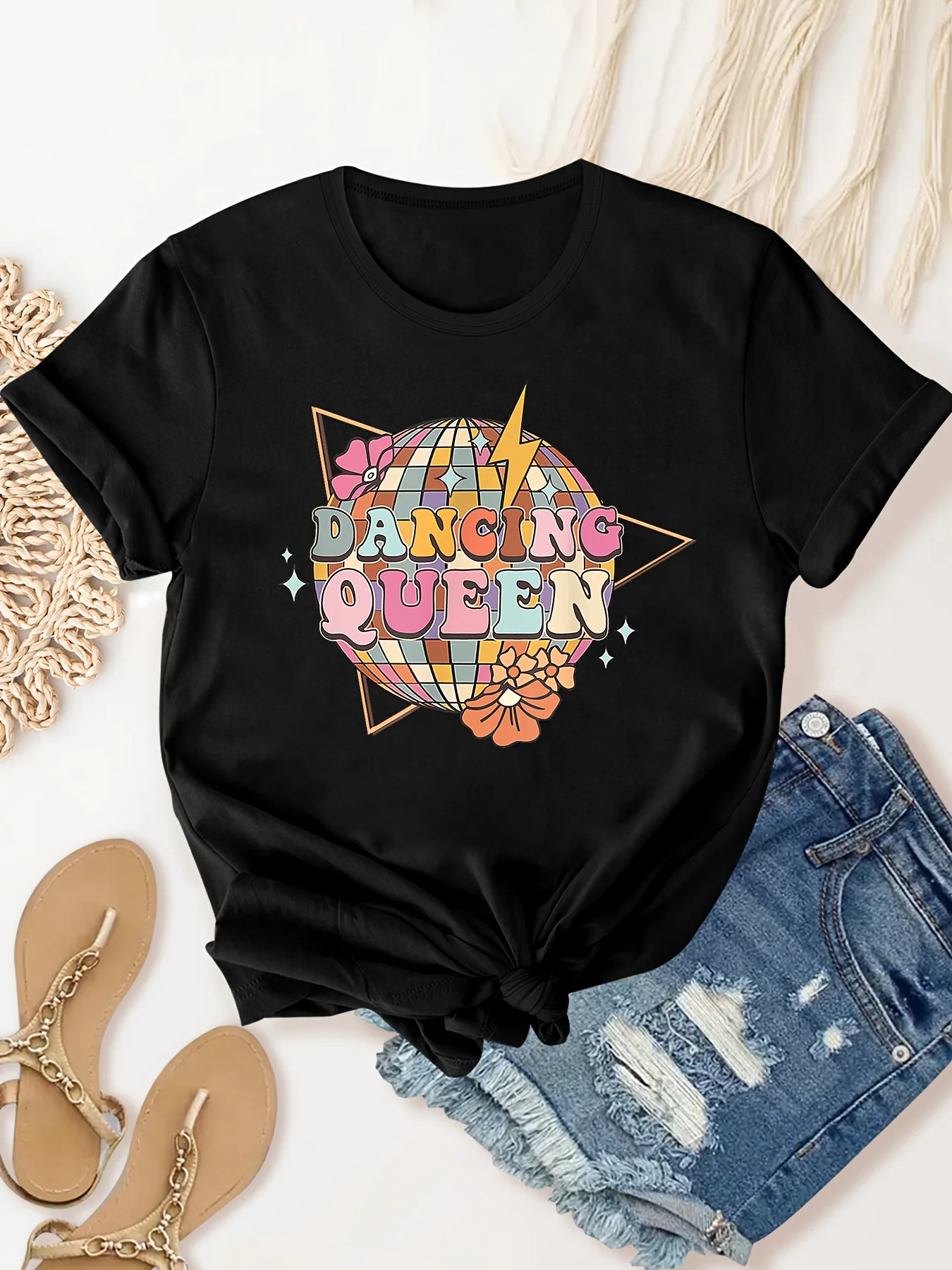 

Disco Ball Queen Graphic Fashion Sports Tee, Short Sleeve Round Neck Casual T-Shirt Top, Women's Activewear t shirts