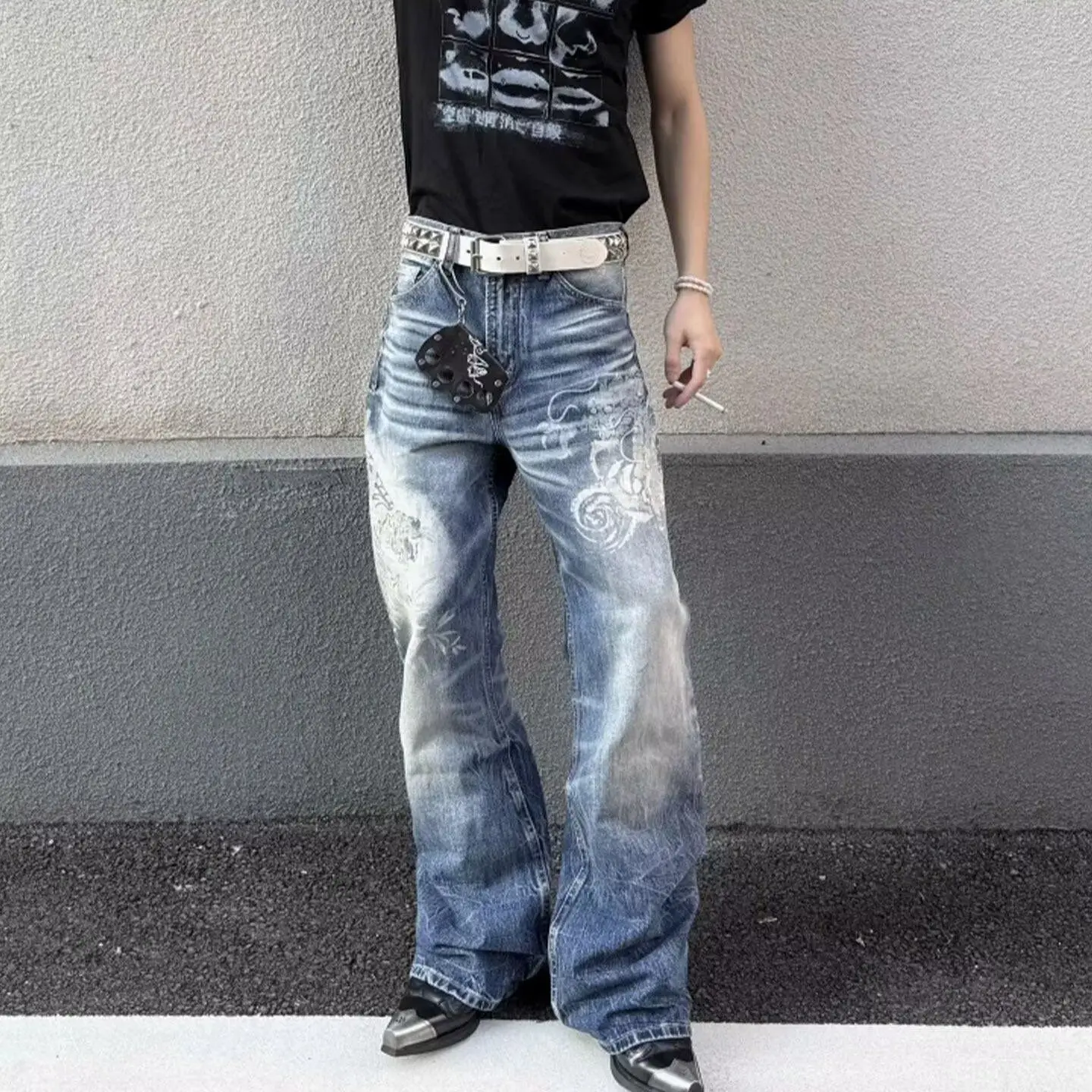 Men's Fashionable Printed Patterns Jeans Casual Pants Summer Streetwear Wide-leg Trousers Male High Waist Sweatpants