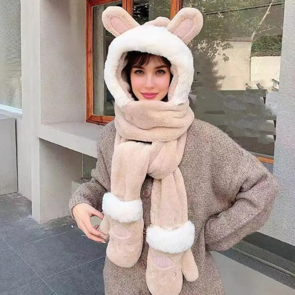 النساء قبعة أرنب الأذن ديكور سميكة الدافئة 3 في 1 قبعة وشاح قفازات التنزه نزهات التسوق قبعة الشتاء المريحة الشتاء أغطية الرأس
