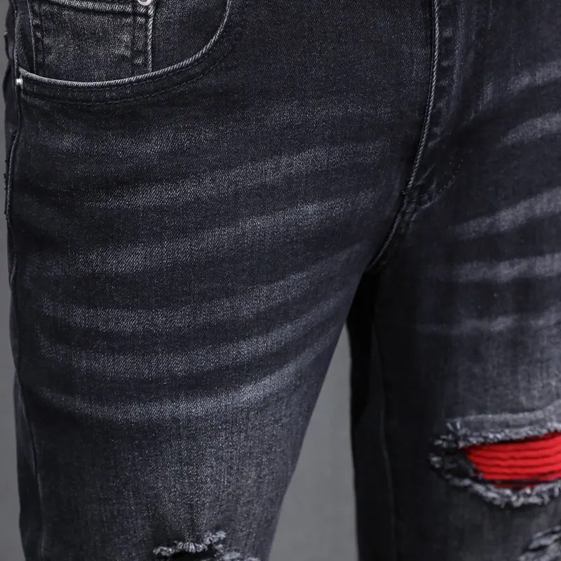 Y2k designer's fashionable new men's jeans, washed, nostalgic, slim fit, perforated, red patch, black jeans, high street trendy