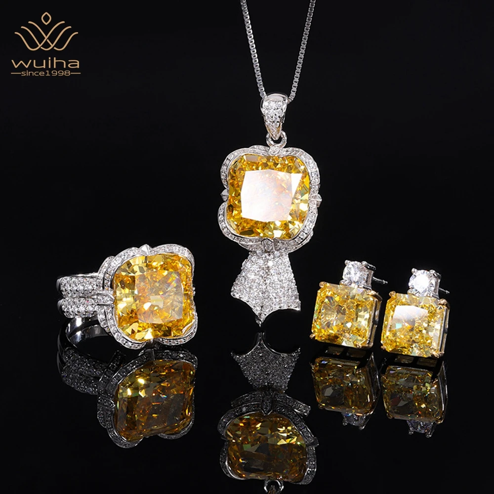 

WUIHA Luxury 925 Sterling Silver 14*14MM Yellow Sapphire Faceted Gemstone Ring/Earrings/Pendant/Necklace Anniversary Jewelry Set