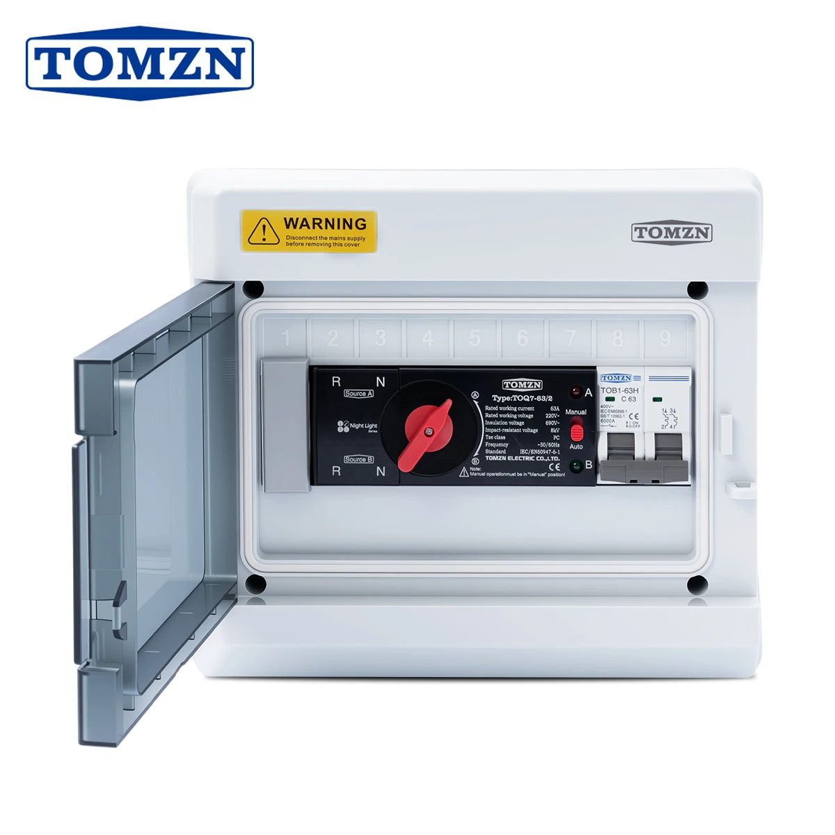 

TOMZN Dual Power Switch distribution Box 2P 63A Automatic Transfer Switch Output With MCB Short-circuit Overload Protection HT
