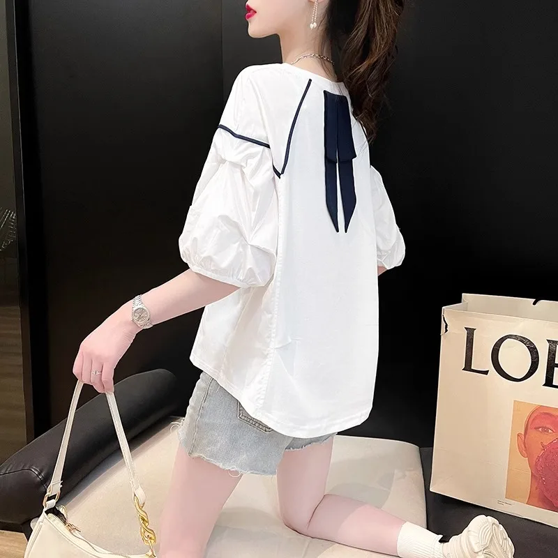 

Loose Fit Cotton Short Sleeve T-Shirt Women's Summer Design Unique Large Size Half Sleeve Top Korean Style Bubble Sleeve roun...